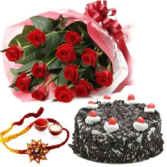 10 Red Roses Half Kg Black Forest With Rakhi