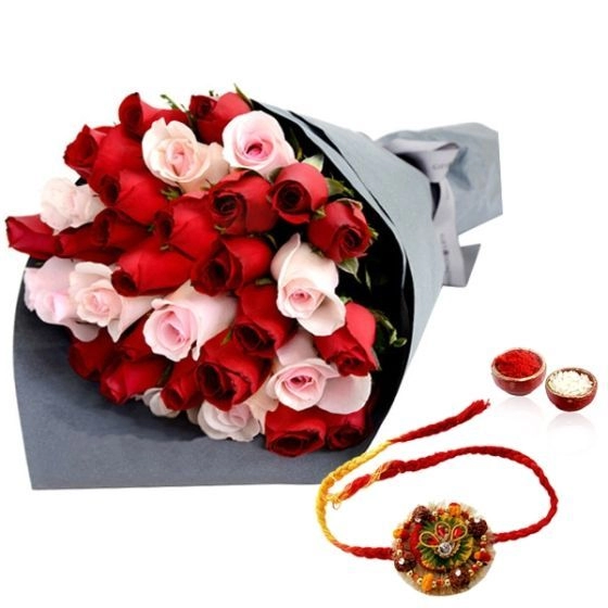 30 Red And Pink Roses With Rakhi